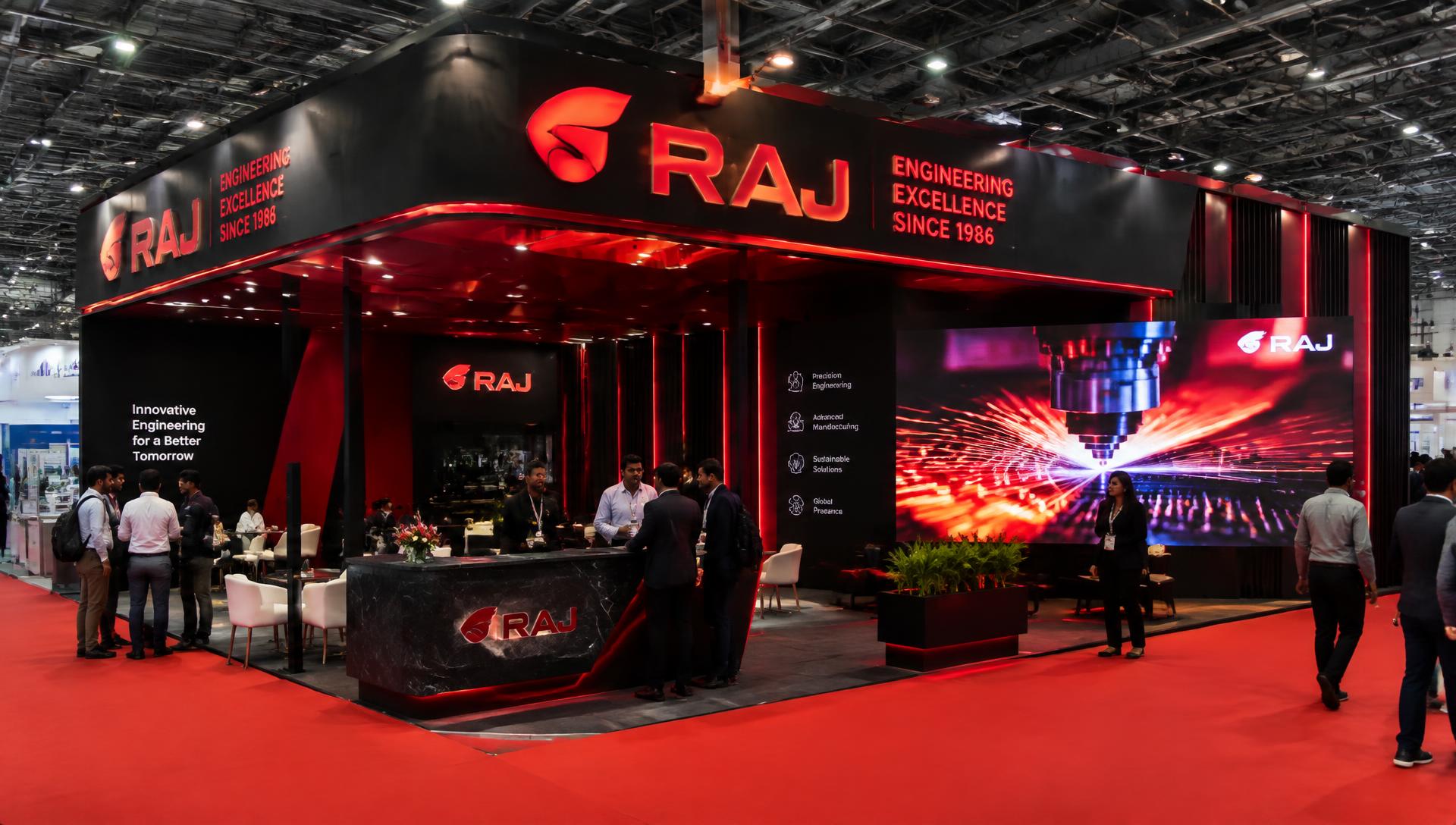 Custom red and black exhibition stall at an Indian trade expo