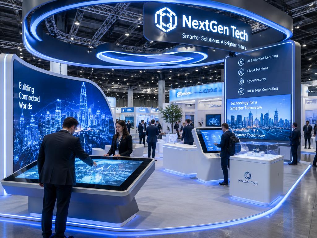 Technology exhibition booth with touchscreens