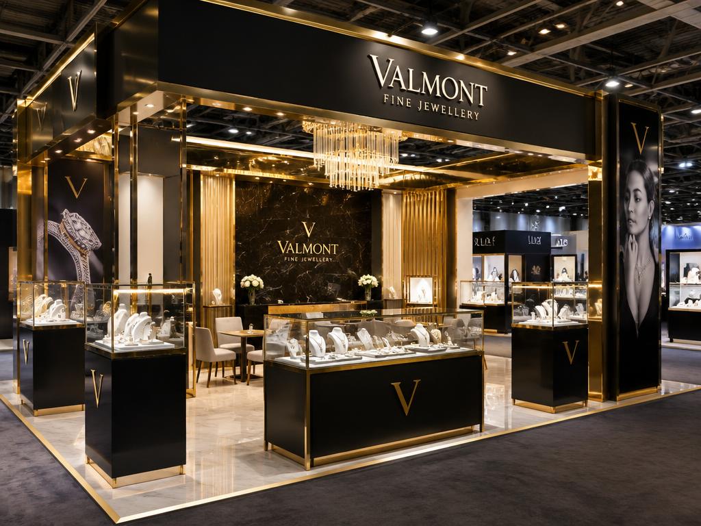 Luxury jewellery exhibition booth with glass showcases