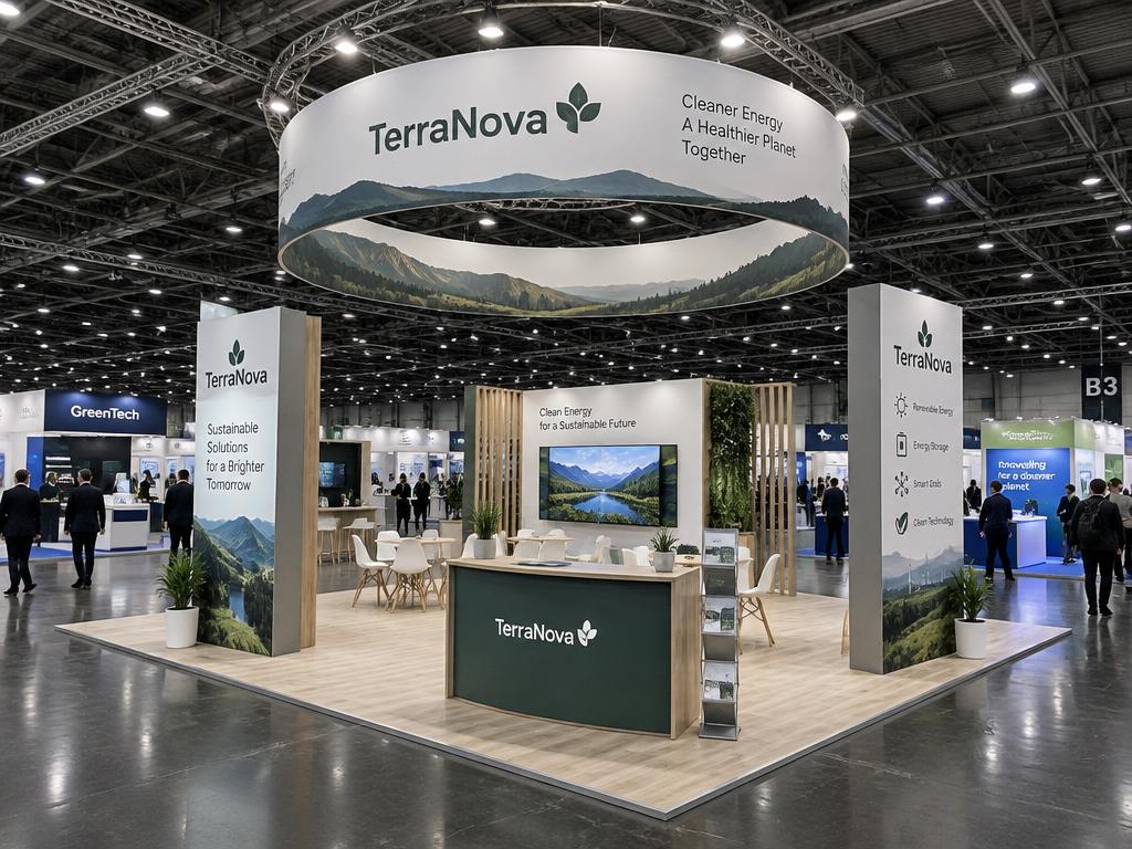 Island exhibition stand with hanging circular banner